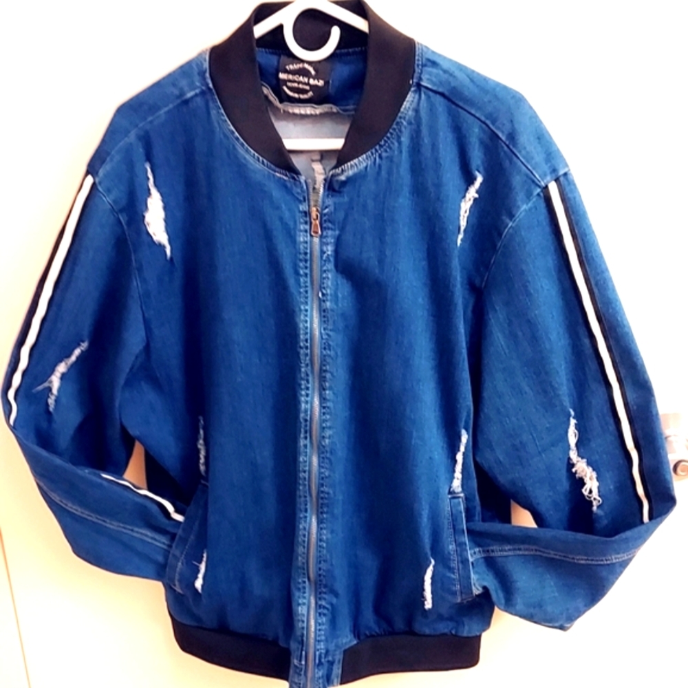 American Bazi Distressed Blue Jean Bomber Jacket Size